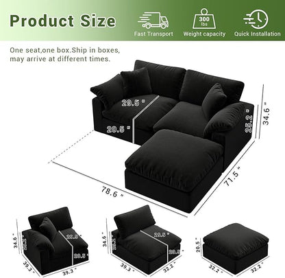 Cloud Modular Sectional Sofa,2 Seat Down Filled Sofa 78.6" Minimalist Sofa,Cover Washable and Replaceable Couches for Living Room,Sectional Sofa Deep Seat Black