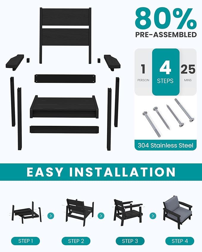 SERWALL HDPE Outdoor Couch, Black Frame and Grey Cushion