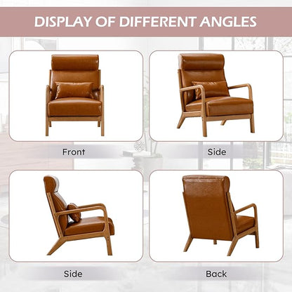 Accent Chair Mid Century Modern Chair PU Leather Living Room Chairs with Solid Wood Frame Comfy Upholstered and Lumbar Pillow Reading Side Chair Easy Assembly for Bedroom (2, Brown)