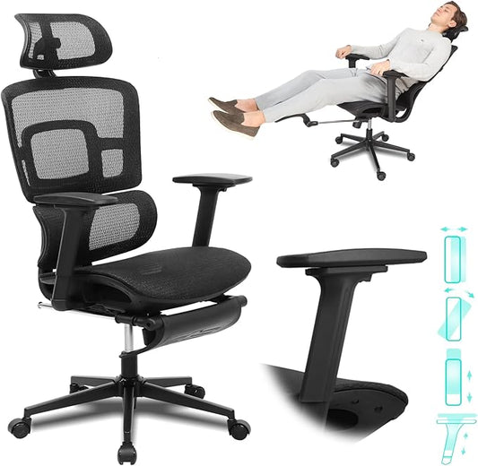 Ergonomic Office Chair with Footrest, 4D Adjustable Armrests, Comfy Swivel Rolling Mesh Computer Desk Chair with Lumbar Support, Wheels for Office, Home, Gaming, S2 Elite