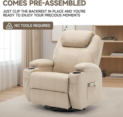 Recliner Chair, Rocking Chair with Massage and Heat, 360° Swivel Recliner Chairs for Adults, Rocker Manual Recliner with Remote Control and Cup Holder for Living Room, Bedroom, Nursery