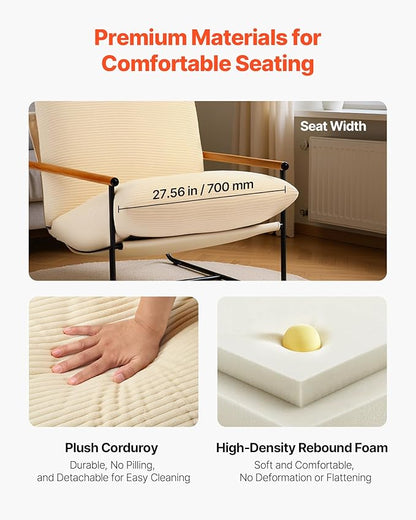 VEVOR Accent Chair, Metal Framed Chair with Wooden Armrests, Modern Cozy Upholstered Armchair, with Soft Foam Cushioning, Detachable Cushion, for Living Room, Bedroom, Reading Room, Office, Beige