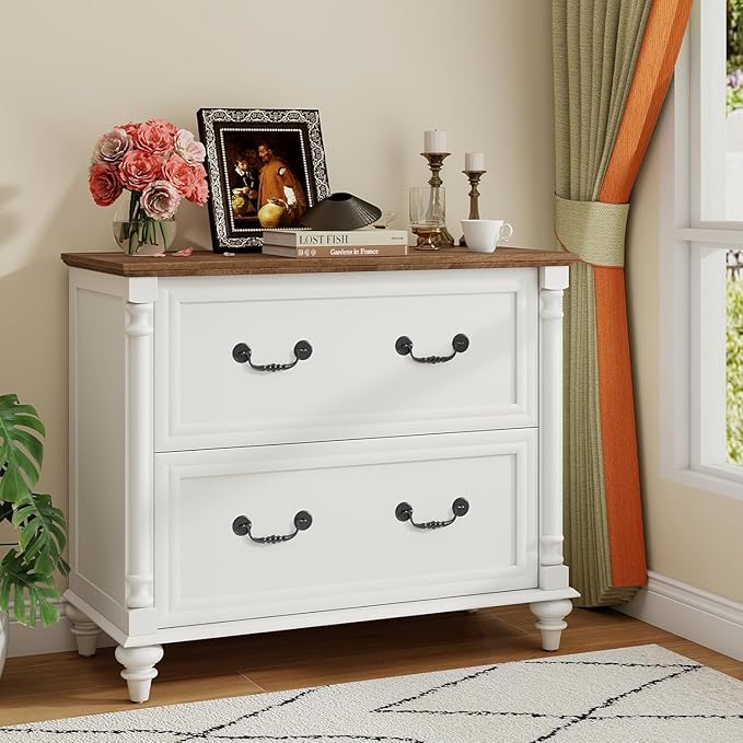 Lateral File Cabinet 2 Drawers Farmhouse File Cabinet Set of 2 for Letter/A4/Legal Size Hanging Files, Large Rustic White Storage Cabinets Printer Stand with 4 Solid Wood Feet &Column Decor for Office