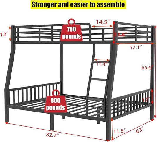Stronger & Higher Quality Heavy Duty Bunk Bed Full XL Over Queen Size Bunkbed, Thickened Safer More Stable Steel Metal Queen Bunk Bed (Faster Assembly) (Full XL Over Queen)