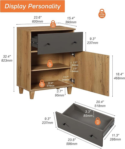 WAMPAT Storage Cabinet for Living Room, Freestanding Wood Accent Cabinets Sideboard with Drawer, Door, and Adjustable Shelf for Dining Room, Kitchen, Entryway, 32.4" H, Oak Brown & Dark Grey