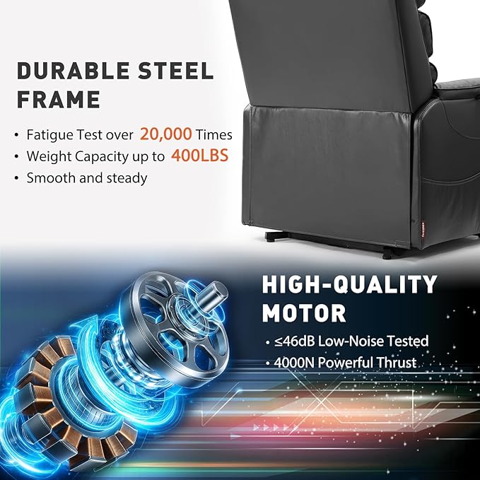 EONIX Wide Lay Flat Power Lift Recliner Chair for Elderly, Heavy Duty Oversized Breathable Faux Leather Lift Chairs Recliner Sofa with Heat and Massage and Charging Ports, Grey