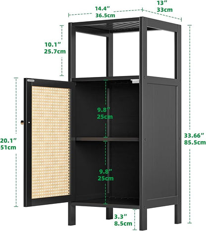 Bamboo Floor Rattan Cabinet, Small Bathroom Storage Organizer Rack with 1 Door and 1 Shelf, Space Saving Wood Kitchen Cupboard, Hallway Side Table, Living Room Freestanding Stand (Black)