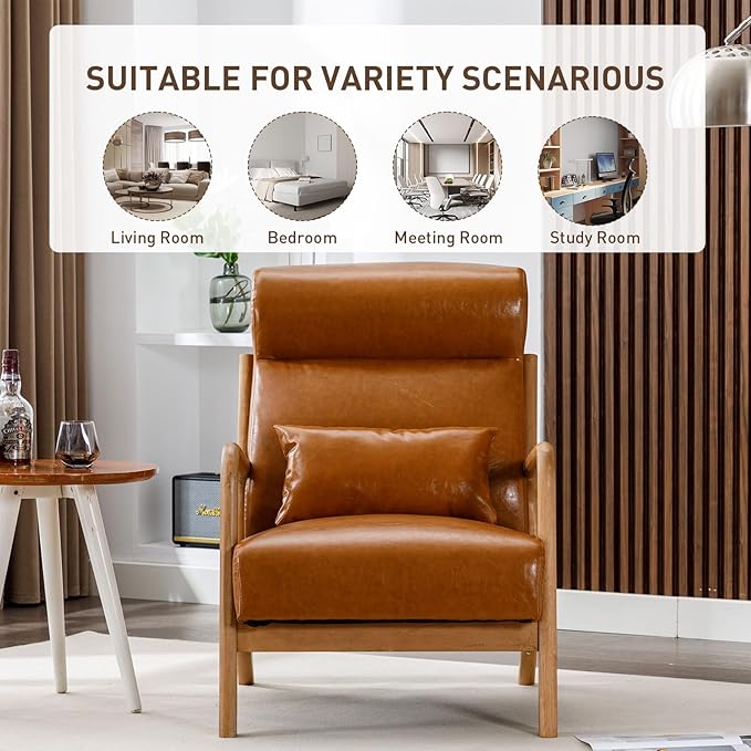 ANJHOME Mid Century Modern Accent Chair with High Back, Single Lounge Armchair with Solid Wood Frame, Comfy Reading Chair for Living Room, Easy Assembly