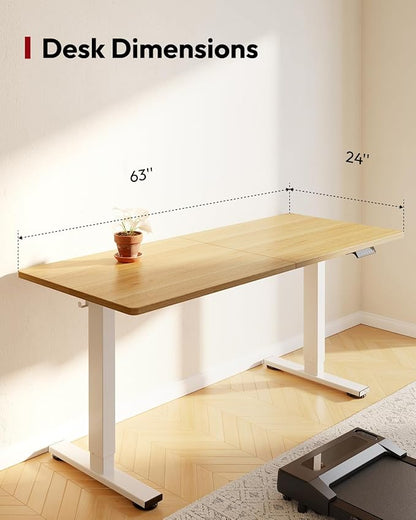 SANODESK Standing Desk Height Adjustable Electric Stand up Desk 63x24 Inches Sit Stand Home Office with Splice Board, White Frame/Maple Top