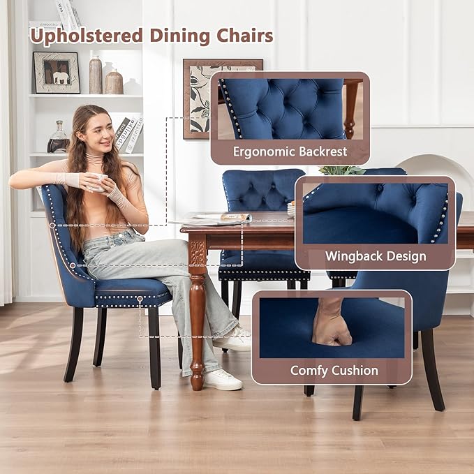 Velvet Dining Chairs Set of 4, Upholstered Dining Room Chairs with Nailhead Ring Pull Trim, Button Tufted Wing Back Chairs for Dining with Solid Wood Legs for Kitchen Dining Room(Blue)