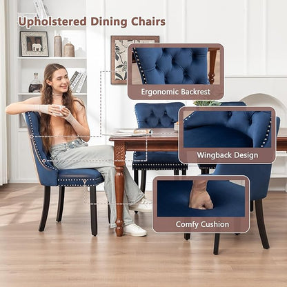 Velvet Dining Chairs Set of 2, Tufted Dining Room Chairs with Nailhead Ring Pull Trim, Upholstered Dining Chairs with Solid Wood Legs for Kitchen Dining Room (Blue)