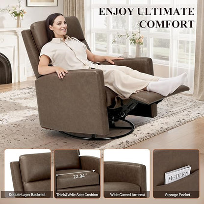 Swivel Rocking Recliner,Wide PU Leather Glider Sofa Chair with Ergonomic High Backrest for Bedroom,Living Room（ Brown）