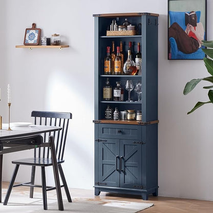 72in Tall Bookshelf 7 Tier Bookcase with Drawer and Barn Doors and Adjustable Shelves, Blue Farmhouse Book Shelf with Storage Cabinet, Wood Freestanding Display Bookshelves for Living Room