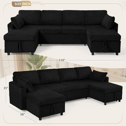 110" Corduroy Pull Out Sofa Bed w/Adjustable Backrests, Sectional U-Shape Sleeper Sofa w/Storage Chaise, Convertible Couch Bed w/USB Charging Port & Cup Holders for Living Room, House, Black