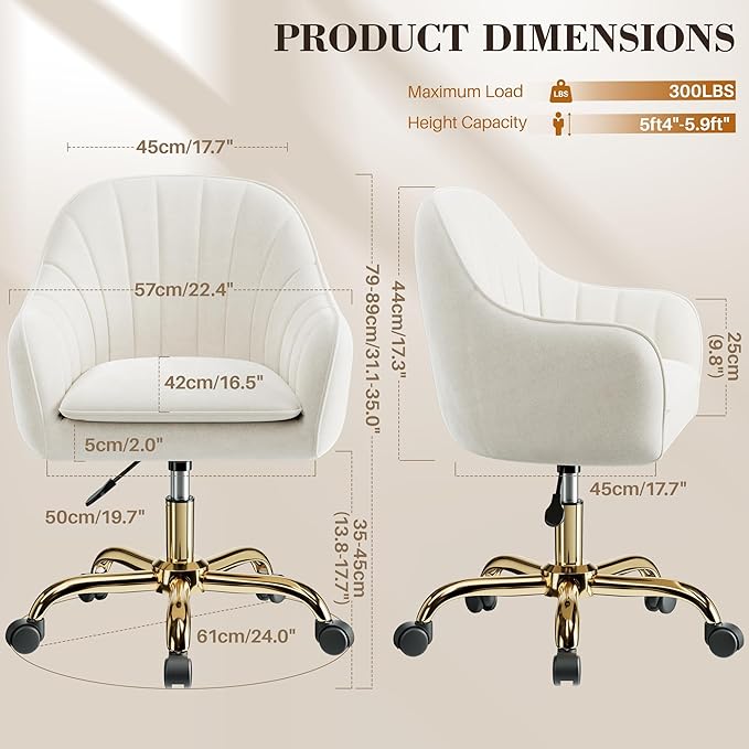 Comfy Home Office Desk Chairs Vanity Chair with Wheels Adjustable Modern Velvet Makeup Vanity Chairs for Bedroom Living Room（White）