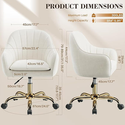 Comfy Home Office Desk Chairs Vanity Chair with Wheels Adjustable Modern Velvet Makeup Vanity Chairs for Bedroom Living Room（White）