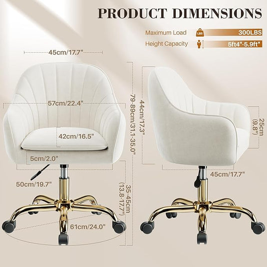 Comfy Home Office Desk Chairs Vanity Chair with Wheels Adjustable Modern Velvet Makeup Vanity Chairs for Bedroom Living Room（White）