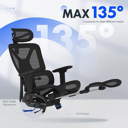 FLEXISPOT ErgoX Premium Ergonomic Office Chair Black - Adjustable 3D Armrests, Dynamic Lumbar Support, Recline & Tilt Function, Mesh Seat, for Home & Office Use