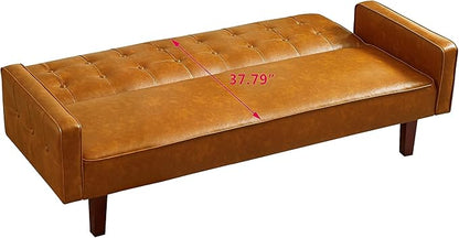 74" Loveseat Sofa with Vintage Button Tufting, Faux Leather Convertible Sleeper Futon Sofa Bed with Spring Cushion and Wood Legs for Apartments, Offices, Reception Areas, Living Rooms, Brown