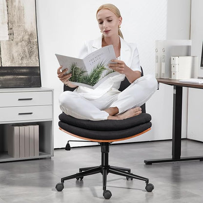 Armless Modern Walnut Office Desk Chair with Wheels, Adjustable Wide Swivel Task Chair, Ergonomic Cross Legged Fabric Chair for Conference Room, Home Office (Black)