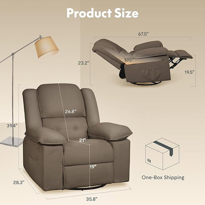 FLEXISPOT 360° Swivel Rocker Recliner with Massage & Heat for Adults, Manual Rocking Chair with USB Port & Side Pocket, Swivel Glider Recliner for Living Room Apartment Small Spaces, Brown