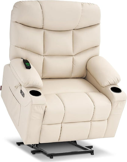 MCombo Oversized Power Lift Recliner Chair with Extended Footrest for Elderly People, Faux Leather R7289 (Cream White, Oversize)
