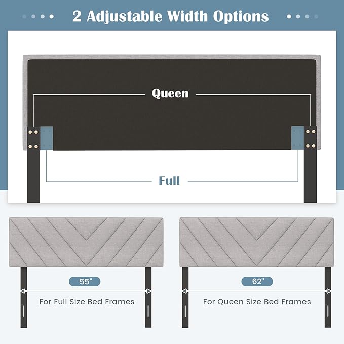 KOMFOTT Linen Fabric Upholstered Headboard for Full/Queen Size Bed, Rectangular Headboard with Solid Wood Legs & Adjustable Width, Padded Full/Queen Bed Headboard, Easy Assembly, Gray
