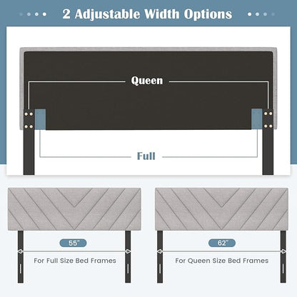 KOMFOTT Linen Fabric Upholstered Headboard for Full/Queen Size Bed, Rectangular Headboard with Solid Wood Legs & Adjustable Width, Padded Full/Queen Bed Headboard, Easy Assembly, Gray