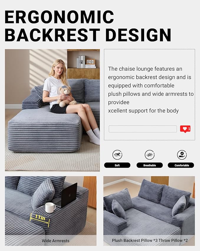 108 Inch Cloud Sectional Couch,Modern Modular Sectional Sofa with Deep Seat,Corduroy Boneless Couches with L-Shape Chaise for Living Room,No Assembly Required (Grey, Right Facing Chaise)