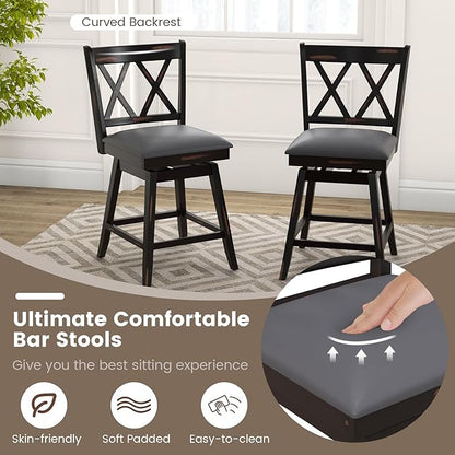 COSTWAY Bar Stool Set of 2 for Kitchen Island, 25" Counter Height Chair with Ergonomic Backrest, Foot Rest, Waterproof PVC Surface & Solid Wood Structure, 360°Swivel Farmhouse Barstool with Back