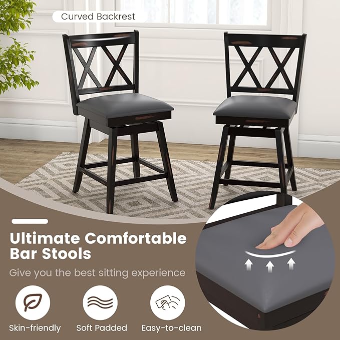 COSTWAY Bar Stool Set of 4 for Kitchen Island, 25" Counter Height Chair with Ergonomic Backrest, Foot Rest, Waterproof PVC Surface & Solid Wood Structure, 360°Swivel Farmhouse Barstool with Back