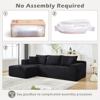 PELUMY 108.7" L-Shaped Modular Sectional Sofa with Oversized Chaise, Cloud Couch with Memory Foam, No Assembly Required Sleeper Sofa for Small Space Living Room, Apartment (Black, Corduroy)