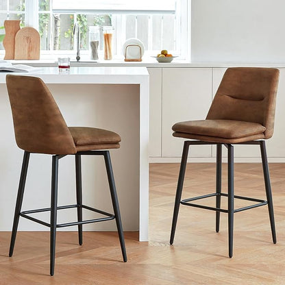 Coffee Counter Height Bar Stools Set of 2, 26 Inch Seat Height with Back and Metal Legs, 360° Swivel Upholstered Faux Leather Swivel Bar Stools