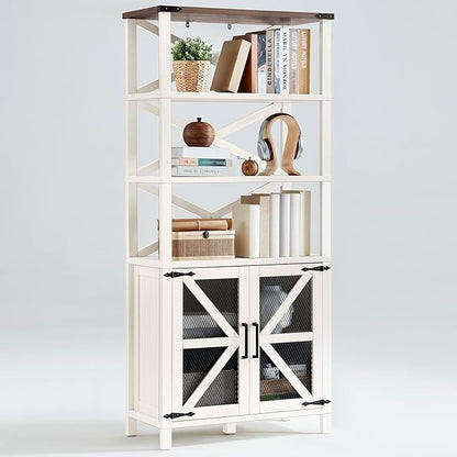 5 Tier Bookshelf 70" Tall Bookcase with Barn Doors,Large Farmhouse Display Book Shelf with Adjustable Shelves and Storage Cabinet，Library Wood Bookshelves for Living Room,Kitchen,White(2PCS)