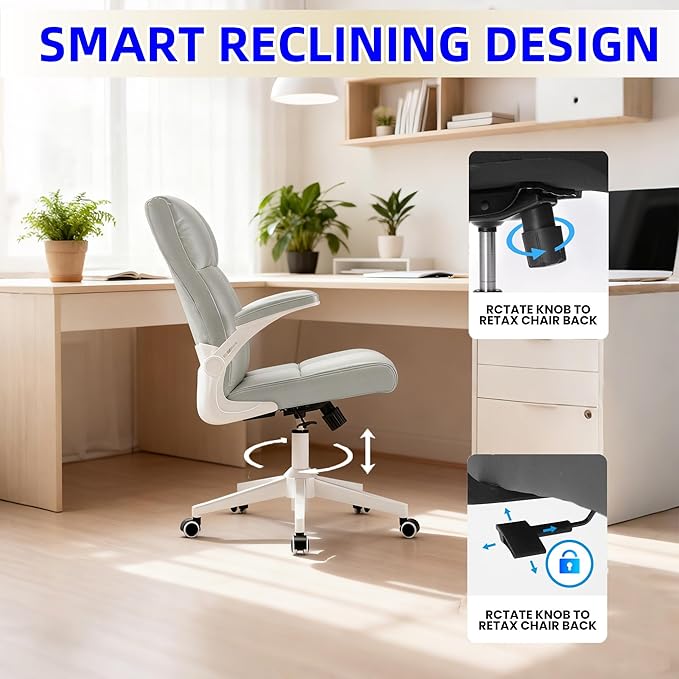 Ergonomic Office Desk Chair with Space Saving Flip-Up Arms, 360° Swivel & Reclining Back, High-Back Executive Chair in Soft Faux Leather for Office&Study（Gray）
