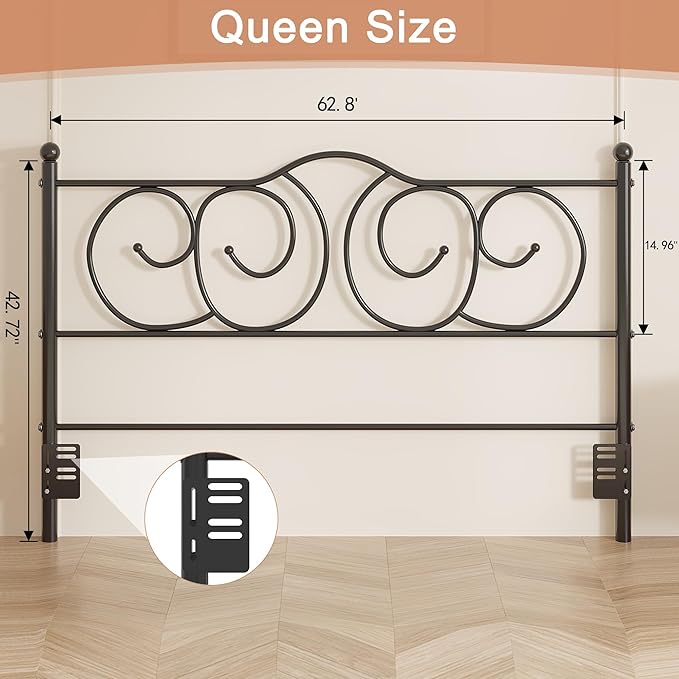 VECELO Metal Queen Size Headboard, Heavy Duty Curved Headboard Only Height Adjustable, Easy to Assembly, Farmhouse Victorian Style for Bedroom - Black, Queen