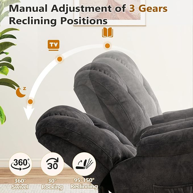 ANJ 2PCS Oversized Rocker Recliner Chairs Set, Manual 360° Swivel Recliners, Comfy Glider Rocking Chairs for Big Man, Extra Wide Overstuffed Reclining Chairs with Side Pocket for Living Room, Grey