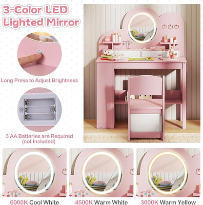 HONEY JOY Kids Vanity with Lights and Open Bookshelf, Cloud Princess Makeup Dressing Desk, Drawers, Wooden Pretend Play Toddler Vanity Table & Chair Set with Lighted Mirror for Little Girls (Pink)