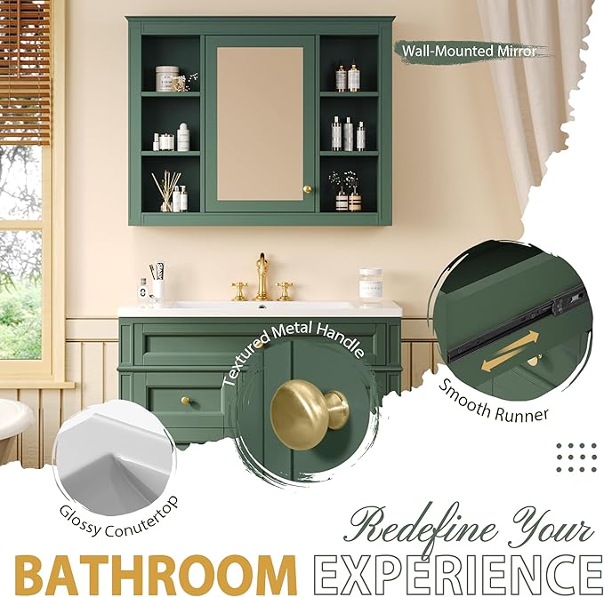 36" Bathroom Vanity with Matching Medicine Cabinet, Modern Sink Storage Cabinet with Drawers, Soft Closing Doors and Shelf, Bathroom Vanities with Sink & Mirror