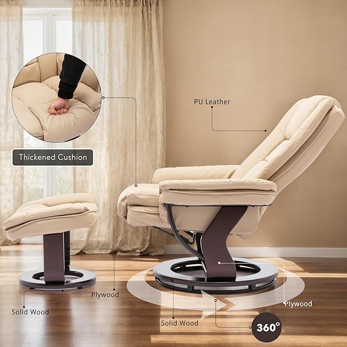 JC Home Argus Swivel Recliner with Ottoman, PU Leather & Wood Base Reclining Chair with Footrest, Ultra-Plush Double Foam for Living Room, Bedroom and Office