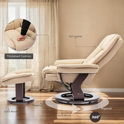 JC Home Argus Swivel Recliner with Ottoman, PU Leather & Wood Base Reclining Chair with Footrest, Ultra-Plush Double Foam for Living Room, Bedroom and Office