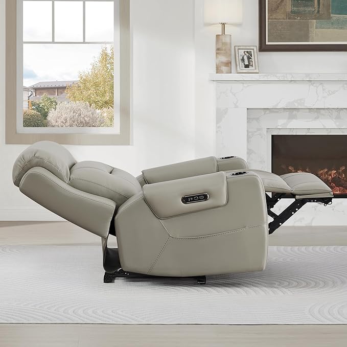 Watson & Whitely Oversized Genuine Leather Power Recliner Chairs for Big and Tall, Extra Wide Lay Flat Recliner with Power Headrest & Cup Holders, Electric Reclining Sofa for Living Room, Grey