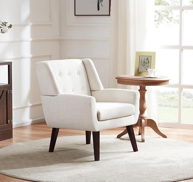 HUIMO Accent Chair Living Room Chair, Upholstered Button Tufted Armchair, Linen Fabric Sofa Chairs for Bedroom, Living Room, Mid-Century Modern Comfy Reading Chair (Beige)
