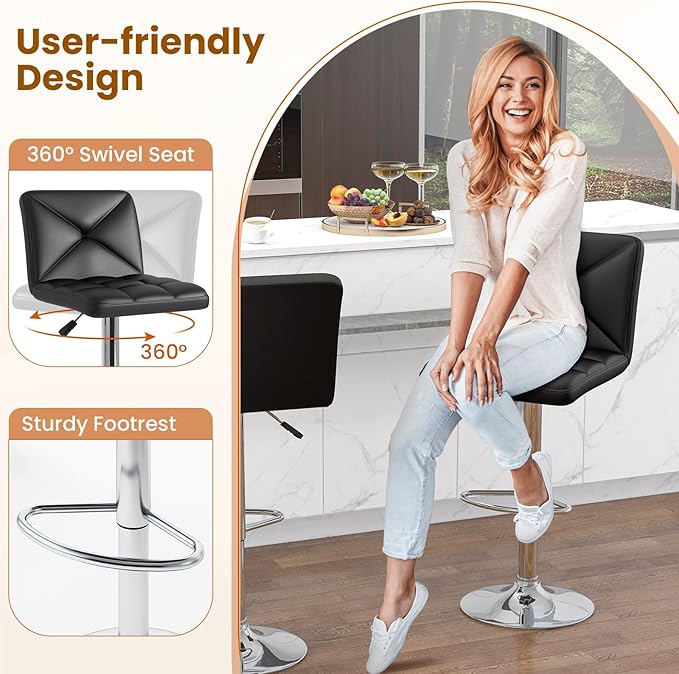 COSTWAY Bar Stools Set of 4, Modern PU Leather Swivel Bar Chairs, Height Adjustable Upholstered Barstools with Premium Gas Rod, Sturdy Footrest, Round Base, for Kitchen, Dining Room, Office, Black