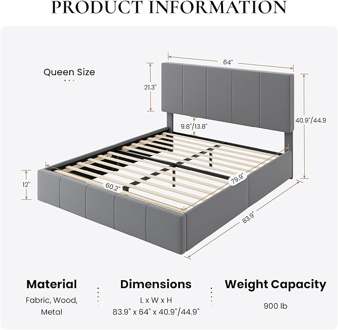 SHA CERLIN Queen Bed Frame, Velvet Upholstered Platform Bed, Vertical Channel Tufted Adjustable Headboard, Low Profile Bed Frame, No Box Spring Needed, Easy Assembly, Grey
