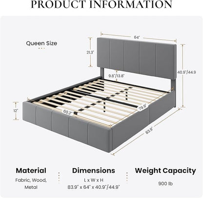 SHA CERLIN Queen Bed Frame, Velvet Upholstered Platform Bed, Vertical Channel Tufted Adjustable Headboard, Low Profile Bed Frame, No Box Spring Needed, Easy Assembly, Grey