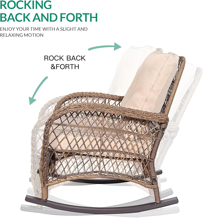 VIVIJASON 7-Piece Outdoor Patio Wicker Conversation Sets, All Weather Outdoor Rattan Furniture Set Includes Glider Loveseat, 2 Rocking Chairs, 2 Swivel-Gliders Chairs, 2 Coffee Table, Light Brown