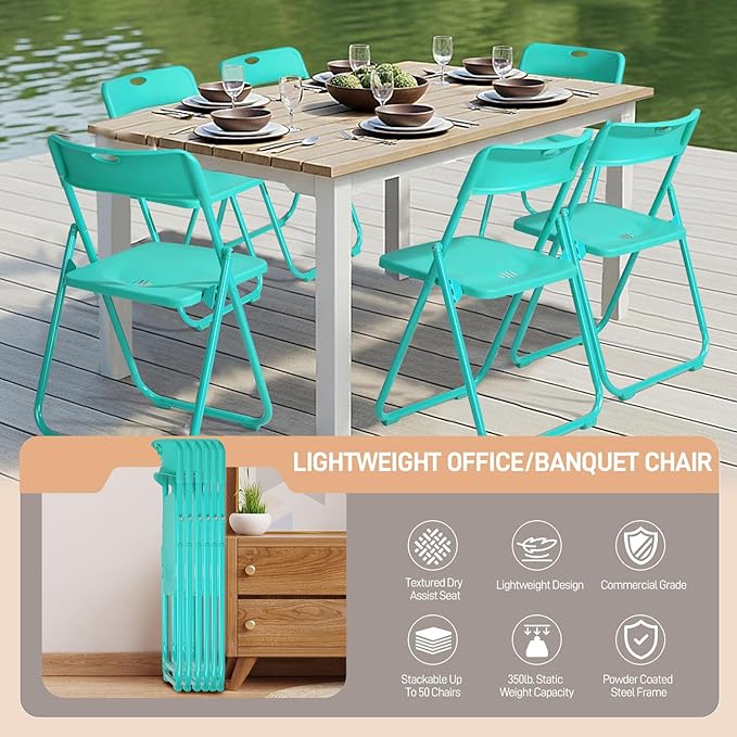 Karl home 6 Pcs Folding Chair, 300LBS Lightweight Foldable Plastic Chair, Reinforced Metal Frame Easy to Fold & Store for Indoor & Outdoor, Wedding, Party, Meeting Room, Patio and Garden, Mint Green