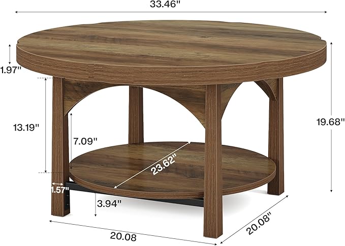 Tribesigns Round Coffee Table, 2-Tier Farmhouse Center Table with Storage Shelf, Rustic Wooden Cocktail Tables for Living Room
