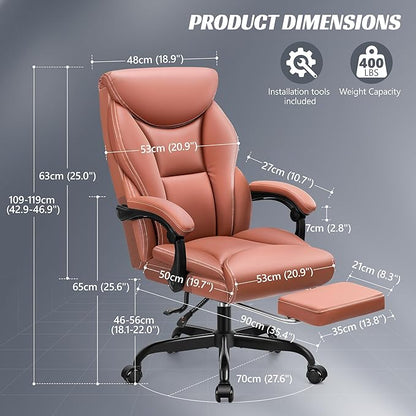 Office Chair, Executive Leather Chair Big and Tall Ergonomic Computer Desk Chair, Comfy Swivel Rolling Reclining Lumbar Support Task Chair with Adjustable High Back Foot Rest for Home Gaming